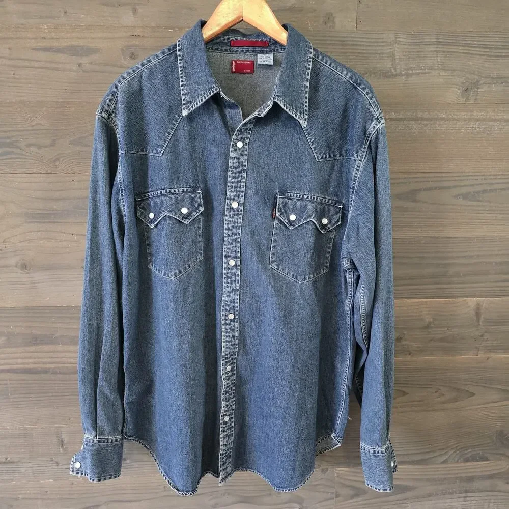 Vtg Levis Red Tab Denim Work Shirt Mens M Western Rodeo Workwear 90’s Cowboy Y2K